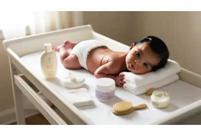 Image d'un Un moment de change avec un bébé et des produits d’hygiène sur une table à langer